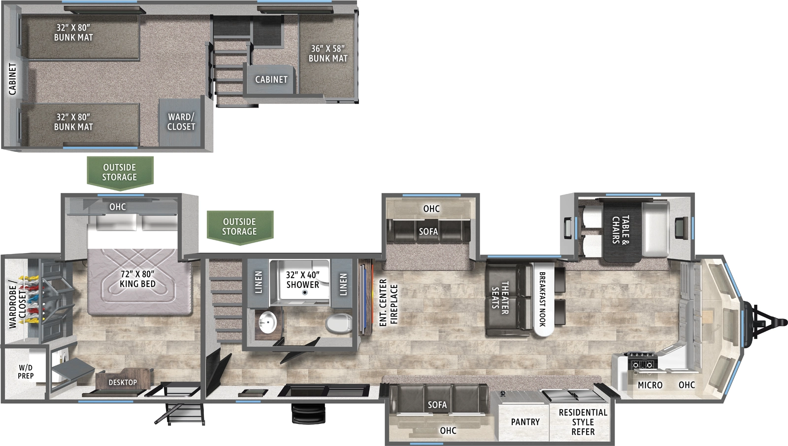 The Puma Destination 403LFT floorplan has two entries and four slide outs. Exterior features include: metal exterior and 20' awning. Interiors features include: loft, front kitchen and rear bedroom.